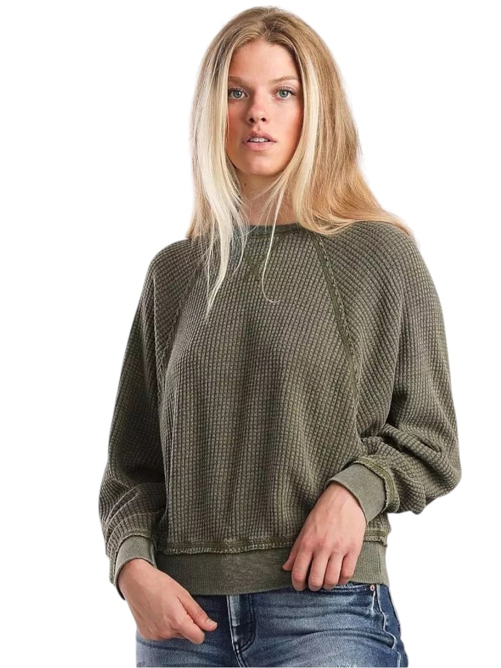 White Crow (Buckle) Claire Thermal Top Olive Green Oversized Sz S NWT